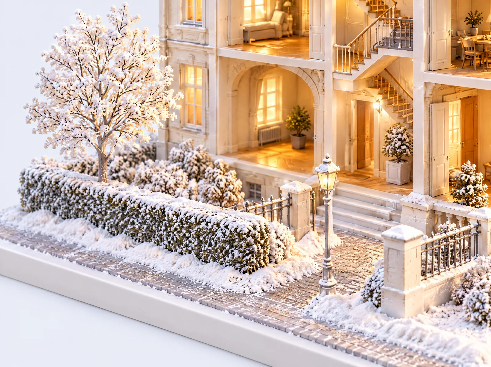 Nahaufnahme des Vorgartens im Winter: geräumter, gestreuter Weg, Hecke mit Raureif und Laterne.